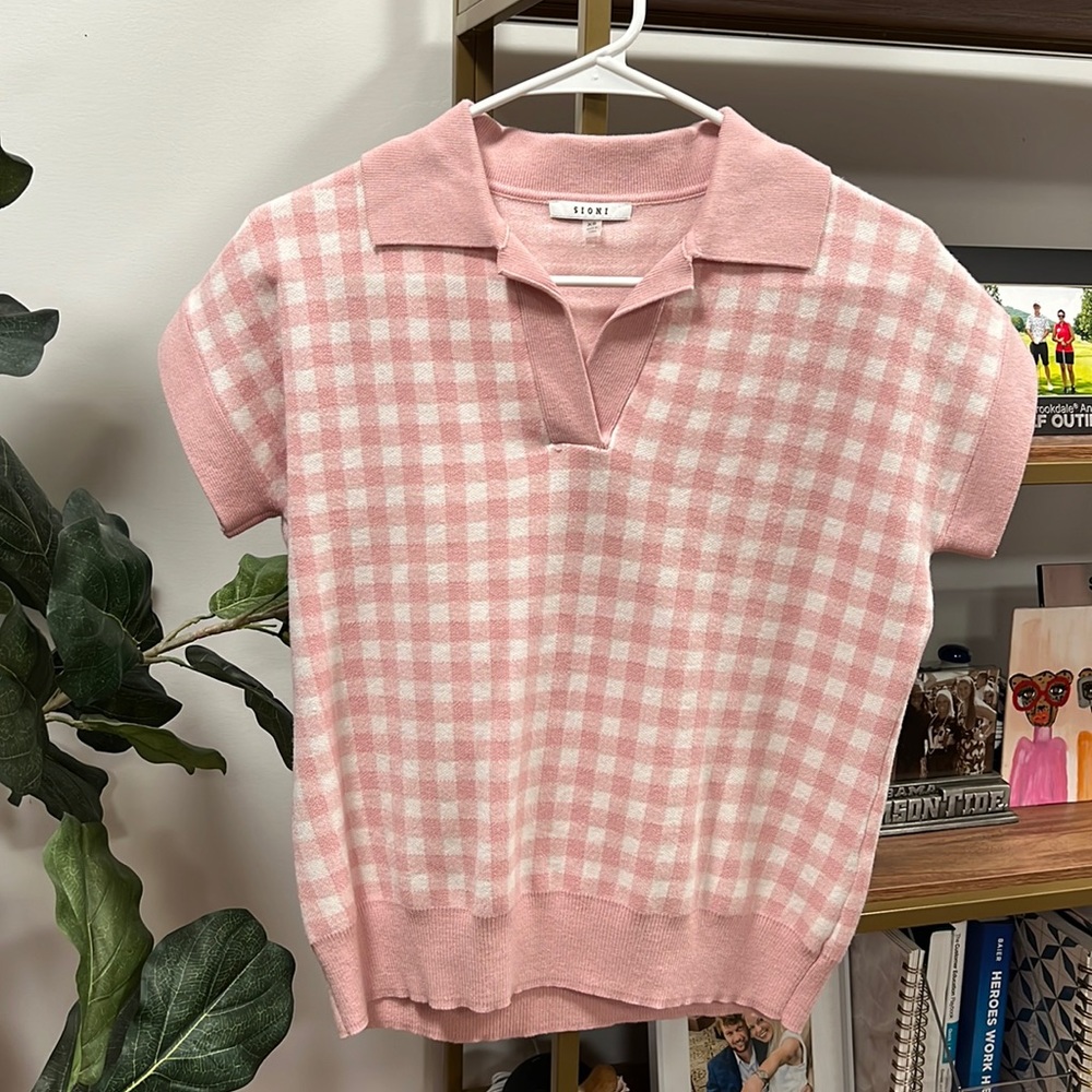Pink Gingham Knit Top